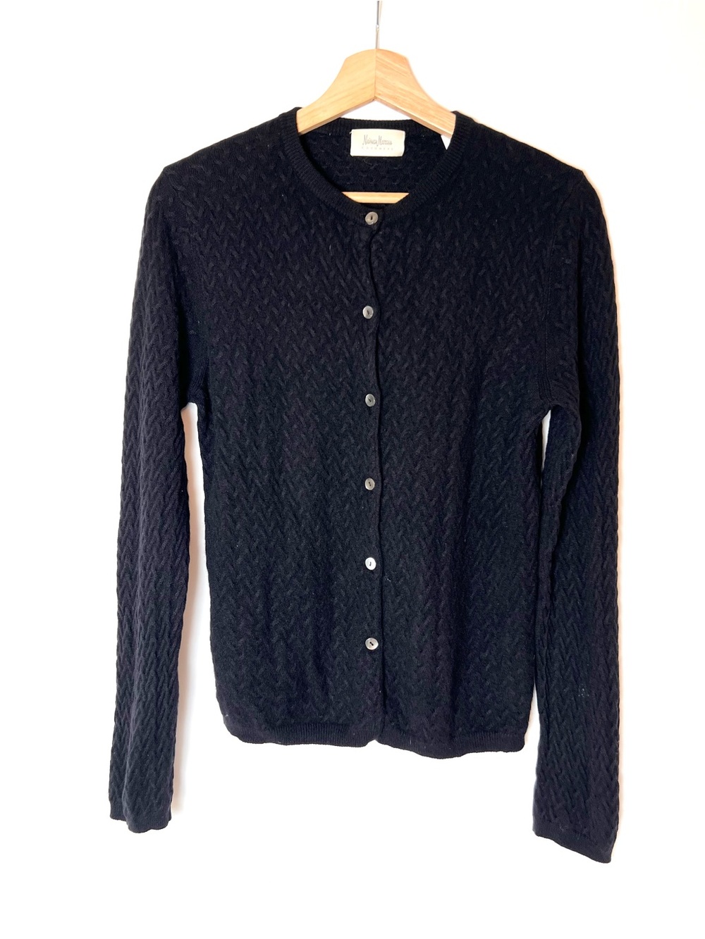 Neiman Marcus 100% Cashmere Black Textured Cable-Front Cardigan